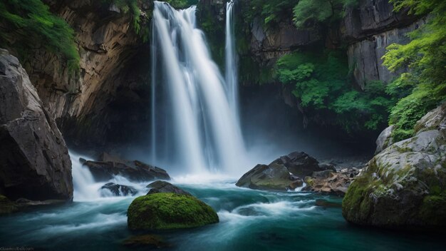 Mystical waterfall in a serene forest setting