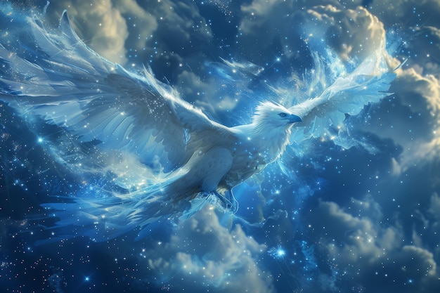 Photo mystical white bird soaring through a starry sky