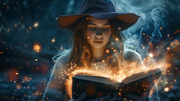 Photo mystical witch conjuring spells from a magic book