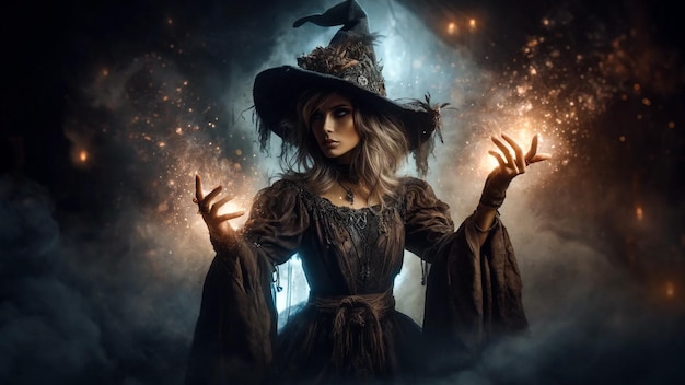 Mystical Witch Unleashing Enchanted Spells In Celestial Forest Twilight