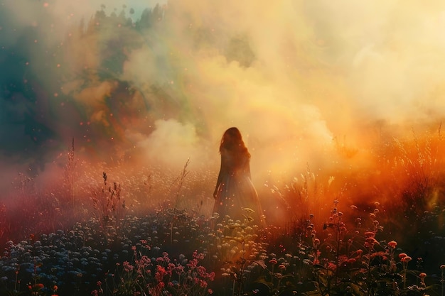 Mystical woman in ethereal sunset field