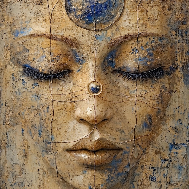 Mystical Woman Face with Third Eye and Celestial Symbolism