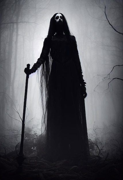 Photo mystical woman in a gothic costume of a medieval vampire against the background of a dark forest