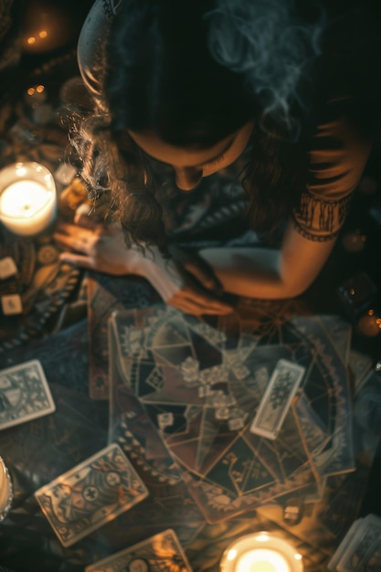 Photo mystical woman reading tarot cards by candlelight in enchanted setting