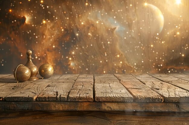 Mystical Wooden Tabletop with Sparkling Celestial Backdrop and Ethereal Orbs in Cosmic Space