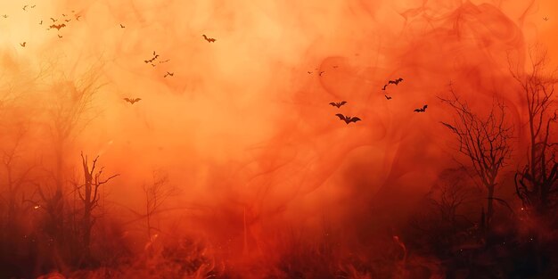 Mystical YellowOrange Fog with Silhouetted Black Bats Spooky Halloween Background