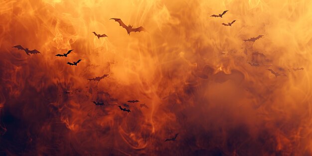 Mystical YellowOrange Fog with Silhouetted Black Bats Spooky Halloween Background