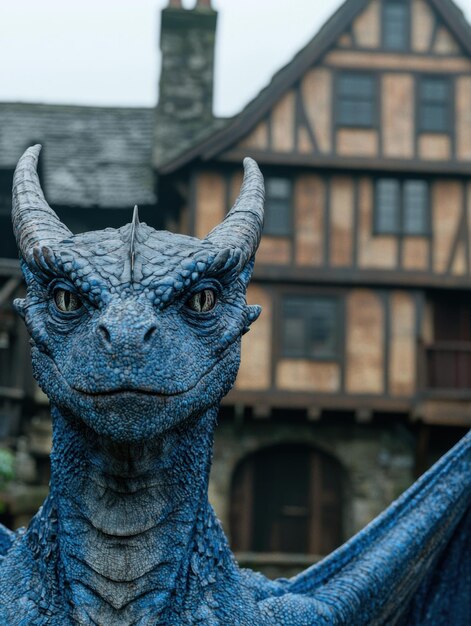 Photo mythical blue dragon guarding medieval building