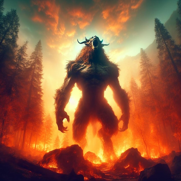 Mythical creature rising from burning forest