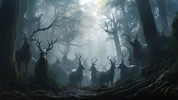 Mythical creatures in a misty ancient forest