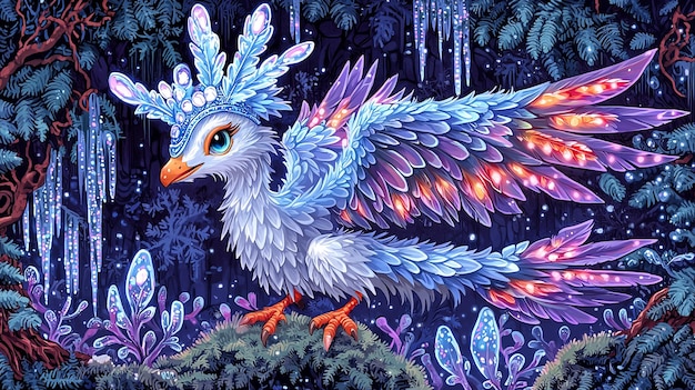 Mythical Crystal Bird in Enchanted Forest