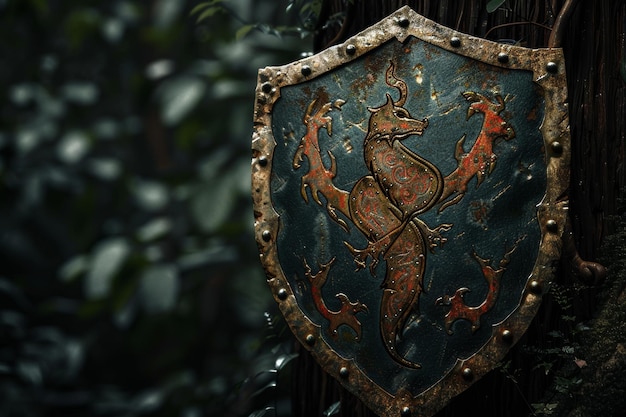 Photo mythical dragon emblazoned shield representing honor and courage in a fantasy setting