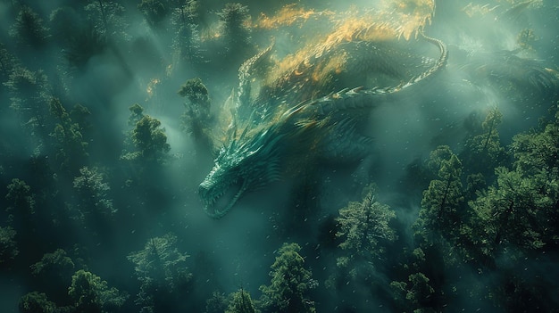 Mythical Dragon Soaring Above a Misty Forest