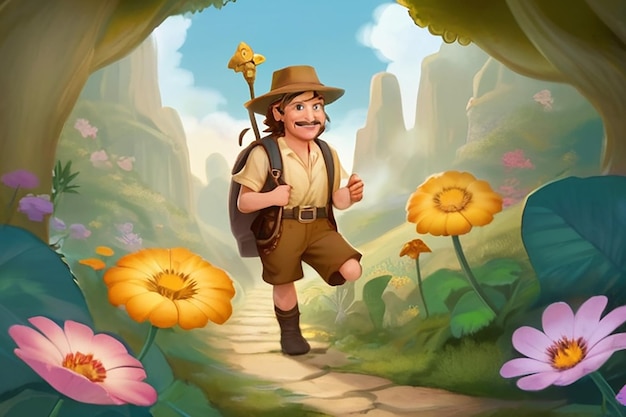 Mythical Quest Character Seeking Golden Pappy Flower Illustration