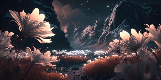 Mythical scenery of glowing flower on mountain landscape at night