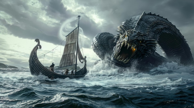 Photo a mythical sea monster attacks a viking ship in rough seas portrayed with thrilling action and dramatic tension evoking epic adventures and maritime folklore