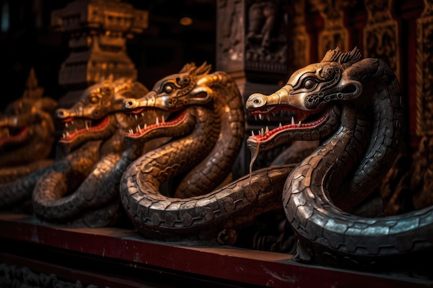 Mythical serpents dance around the ancestral temple generative IA