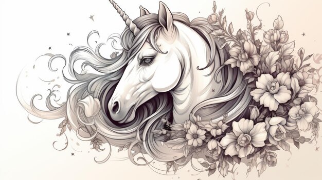 Photo mythical unicorn portrait with floral accents