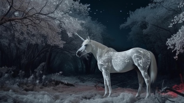 Mythical white Unicorn White Unicorn in the magical forest dark night with glitter generative ai