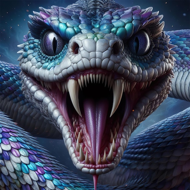 Mythological snake Basilisk coming toward camera with mouth open