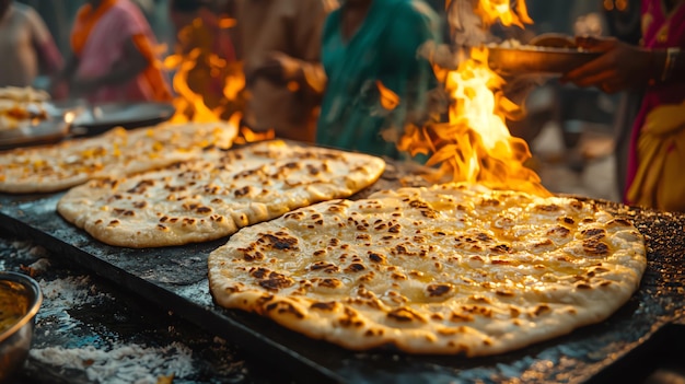 Photo naan being baked in a tandoor at a vibrant indian market