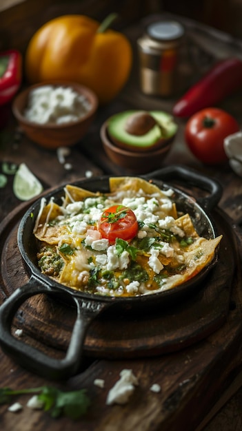 Photo nachos are served in a pan with other food items