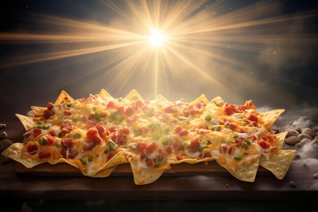 Nachos arranged like a radiant sunburst with glowing cheese rays