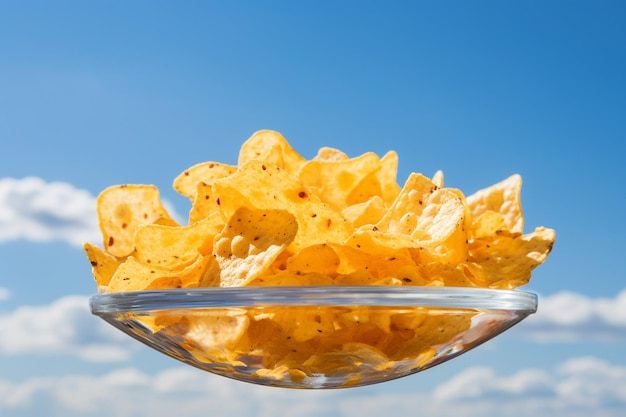 Photo nachos inside a crystal clear bubble floating in a surreal sky