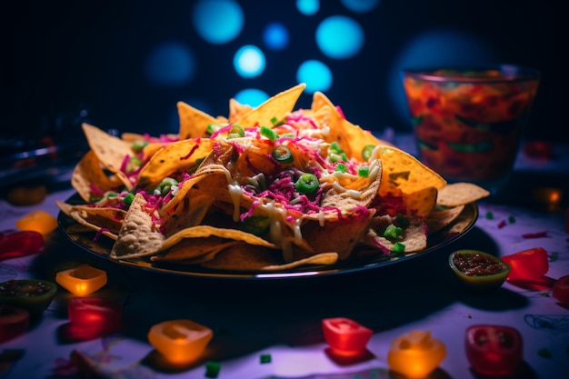 Photo nachos in a retrofuturistic diner with neon lights and vintage elements