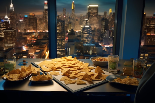 Nachos in a scifi control room with futuristic lighting and screens