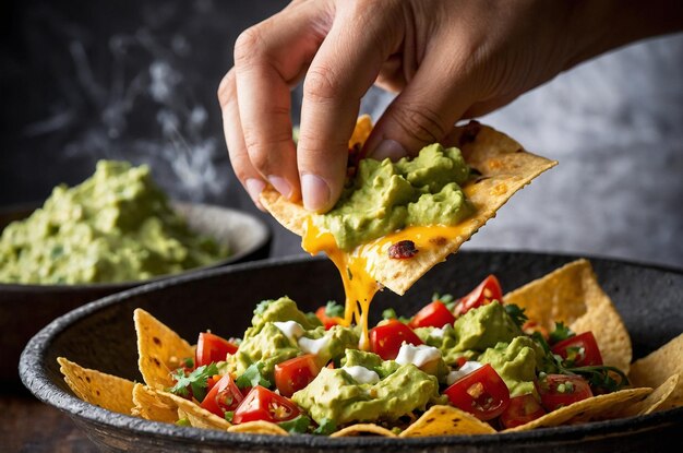 Photo nachos with cheese and spicy guacamole