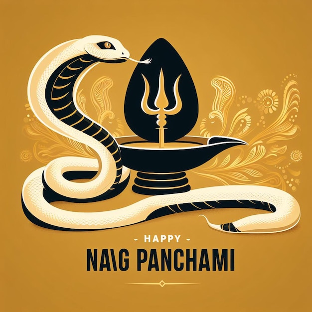 Nag Panchami background design with a golden nag and shiv stone