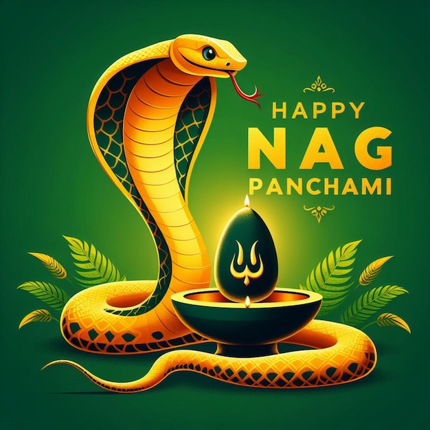 Nag Panchami background design with a golden nag and shiv stone