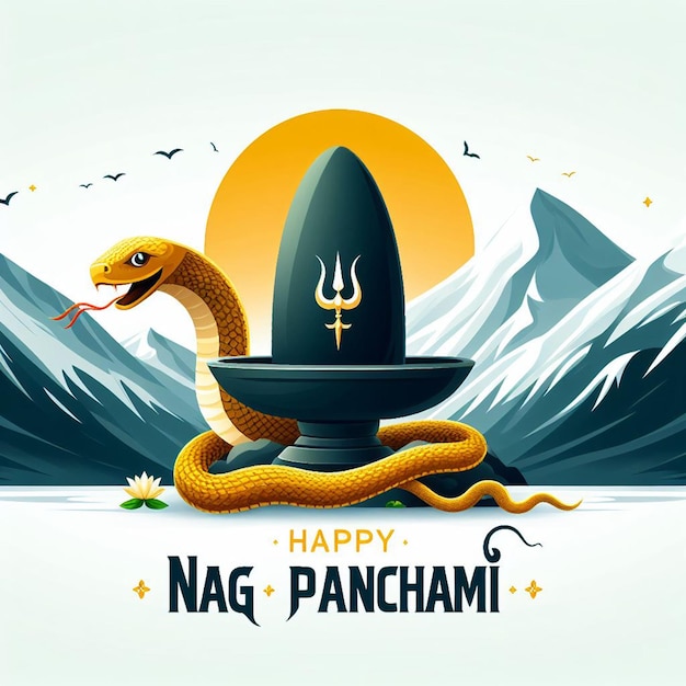 Nag Panchami background design with a golden nag and shiv stone