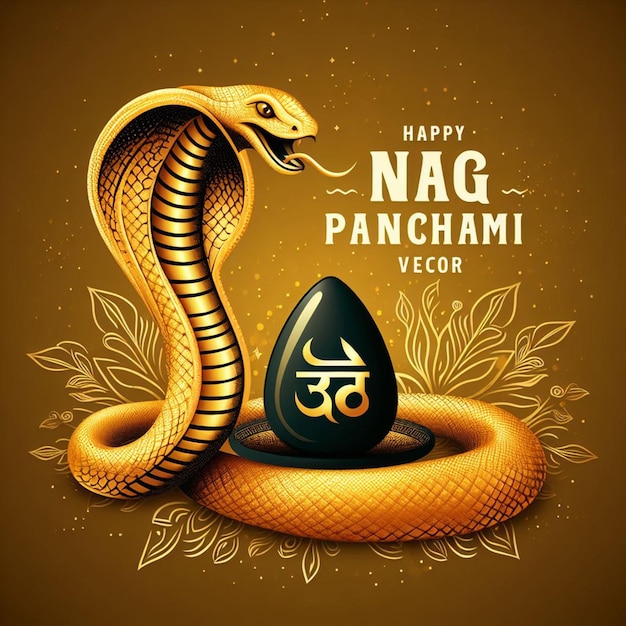 Photo nag panchami background design with a golden nag and shiv stone