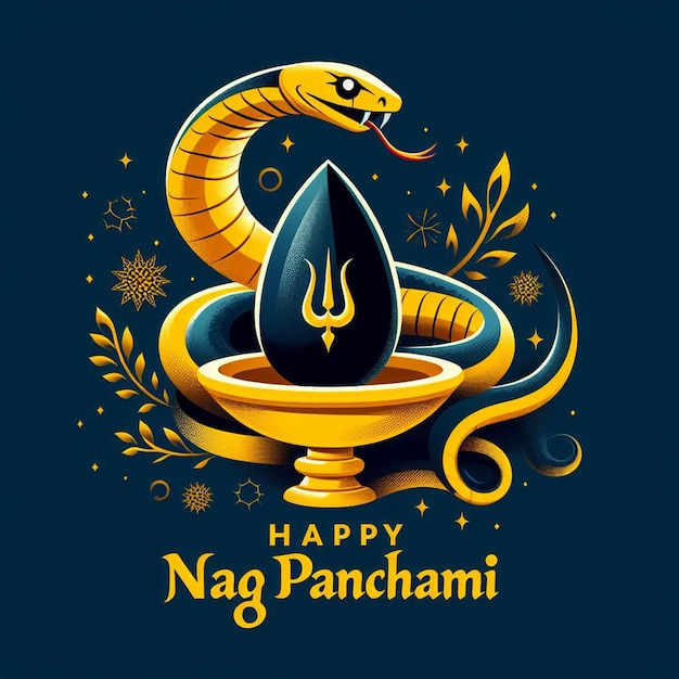 Photo nag panchami background design with a golden nag and shiv stone