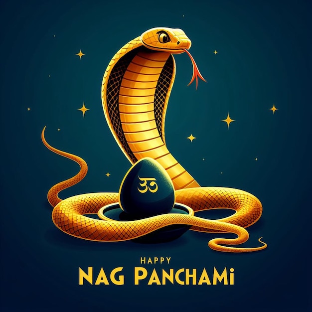 Nag Panchami background design with a golden nag and shiv stone