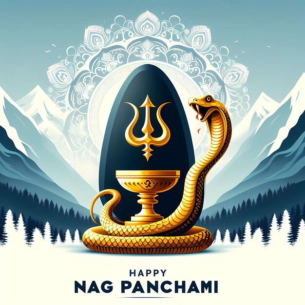 Nag Panchami background design with a golden nag and shiv stone