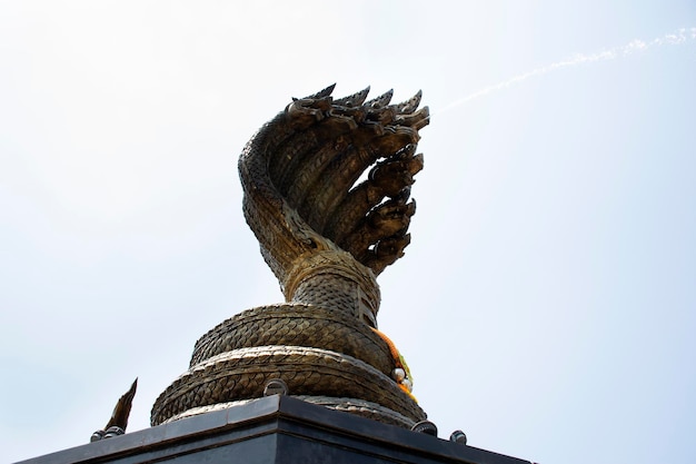 Naga 9 head big statue at riverside of Mekong for foreign traveler and thai people travel visit and respect praying at Nakhonphanom city park in Nakhon Phanom Thailand