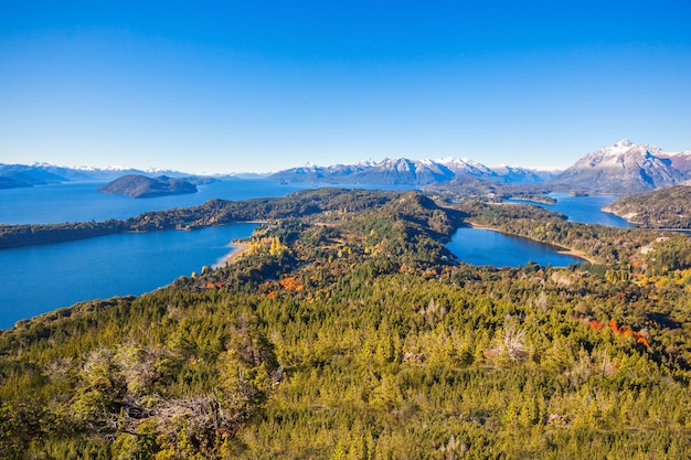 Nahuel Huapi National Park aerial view from the Cerro Campanario viewpoint in Bariloche, Patagonia region in Argentina.