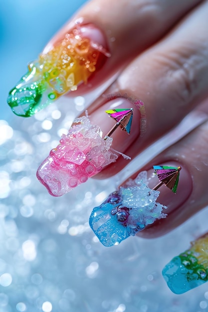 a nail art design with rainbow colors on it