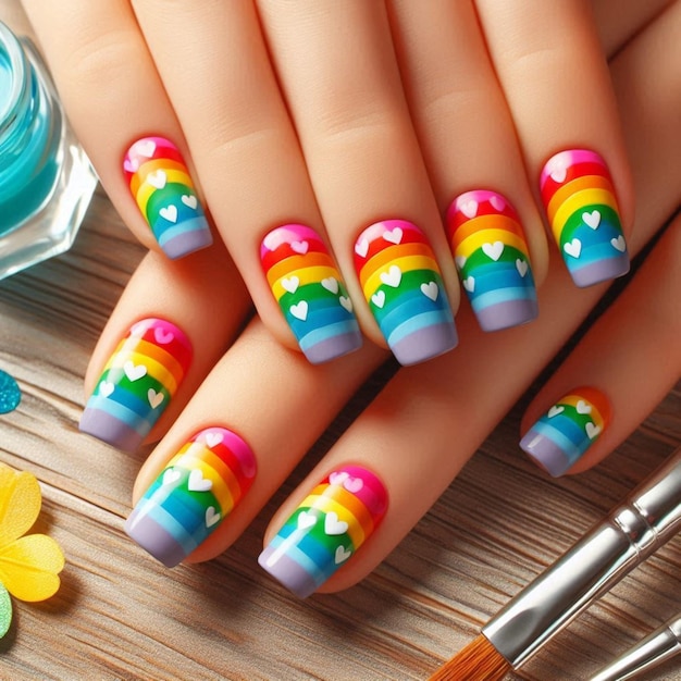 a nail art design with a rainbow on it