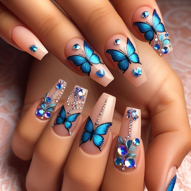 nail art ideas for women with blue butterflies on the nails