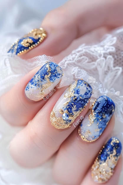 nail art ideas for women with blue and gold nail art design