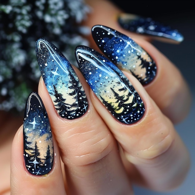 nail art of A part of the clear summer sky is cut open to reveal the starry sky A part of the clear