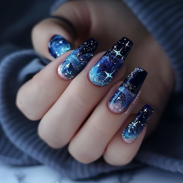 nail art of A part of the clear summer sky is cut open to reveal the starry sky A part of the clear