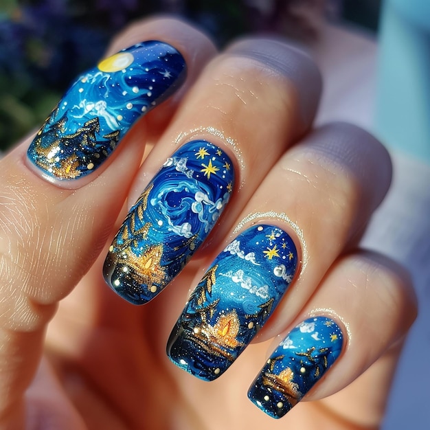 nail art of A part of the clear summer sky is cut open to reveal the starry sky A part of the clear