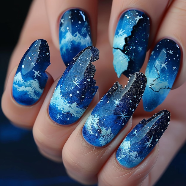 nail art of A part of the clear summer sky is cut open to reveal the starry sky A part of the clear