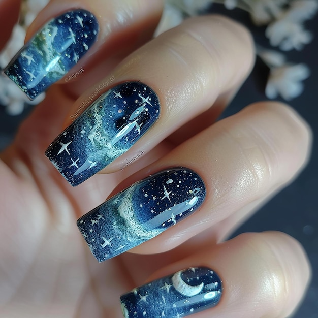 nail art of A part of the clear summer sky is cut open to reveal the starry sky A part of the clear