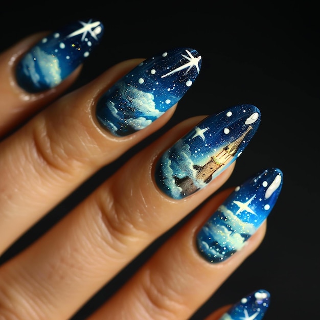 nail art of A part of the clear summer sky is cut open to reveal the starry sky A part of the clear